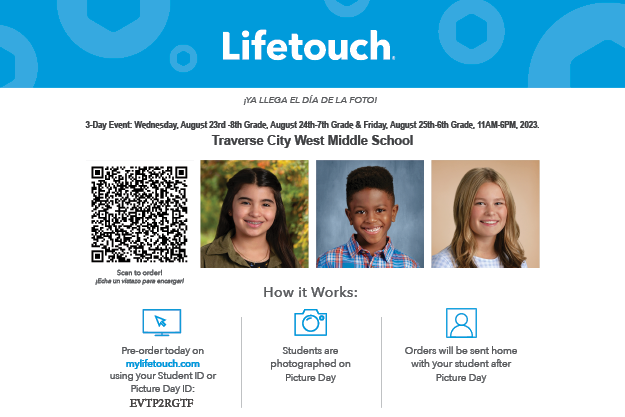 Pre-order pictures online at mylifetouch.com. Use EVTP2RGTF for the WMS school code.