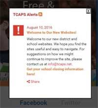 Sample School Closings & Alerts appears upon opening website: TCAPS alerts: date, title of alert, followed by appropriate message will be read