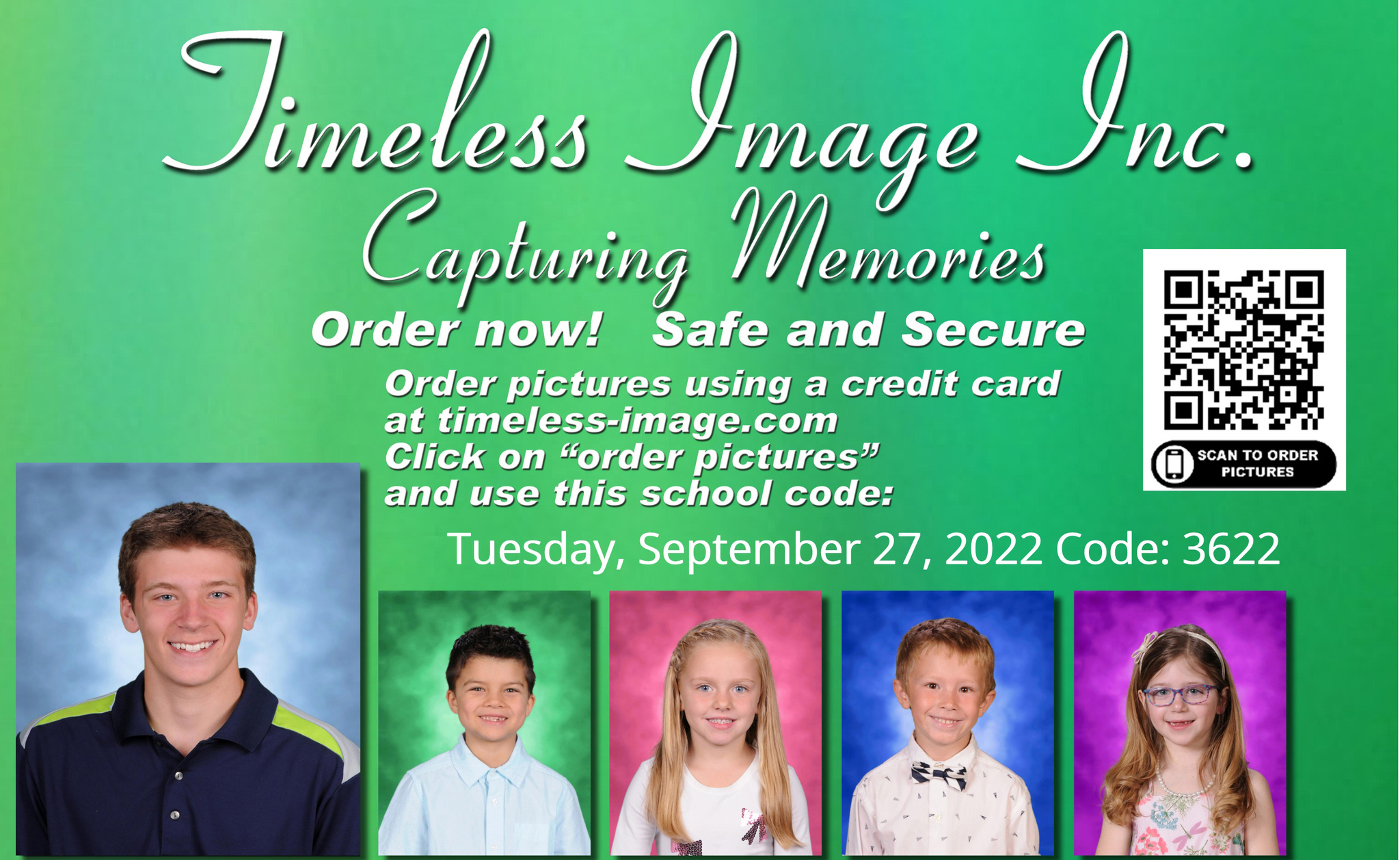 TCAPS partners with Timeless Image, Inc. for school pictures. You can order pictures online at https://vando.imagequix.com/A9PRL9G. Use the Silver Lake school code of 3622. School picture date is September 27, 2022. 