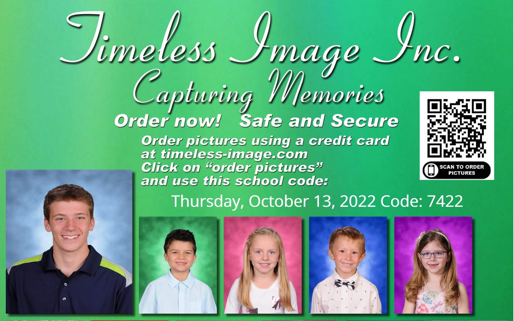 TCAPS partners with Timeless Image, Inc. for school pictures. You can order pictures online at https://vando.imagequix.com/A9PRL9G. Use the Traverse Heights school code of 7422. School picture date is October 13, 2022. 