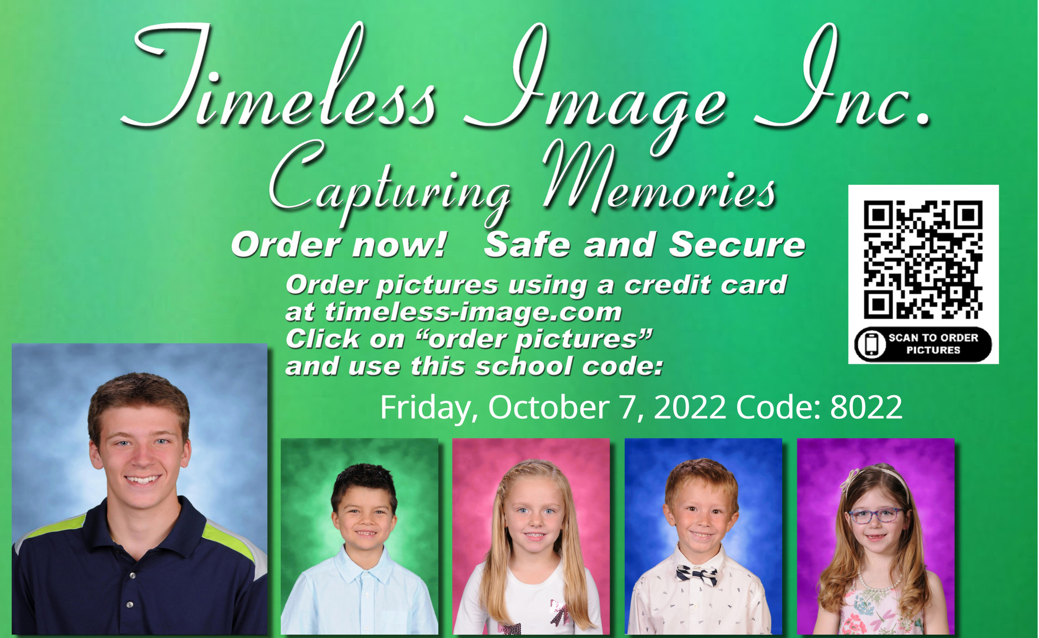 TCAPS partners with Timeless Image, Inc. for school pictures. You can order pictures online at https://vando.imagequix.com/A9PRL9G. Use the Willow Hill school code of 8022. School picture date is October 7, 2022.